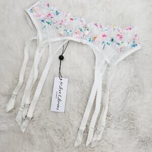 For Love & Lemons Outline Rainbow Floral Garter Belt NWT White Swiss Dot Small S